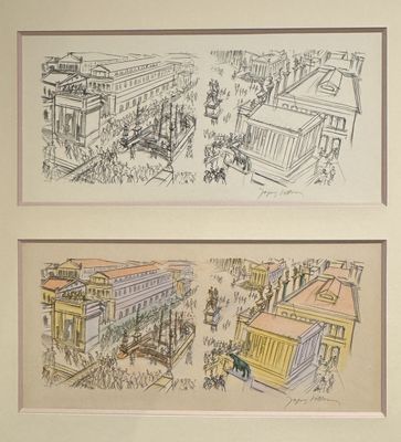 drawings of a street scene and a street scene in a frame