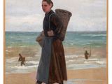tableau représentant une femme marchant sur la plage, un panier à la main