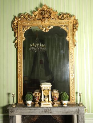 a fireplace with a mantle and a mirror on it