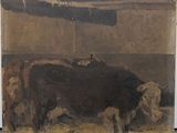 un tableau représentant une vache dans une étable avec d'autres vaches