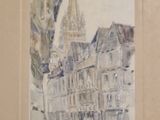 painting of a street scene with a church steeple in the background