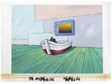 a painting of a boat on the floor in a room