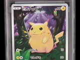 La carte Pokémon se trouve dans un étui en plastique transparent sur fond noir.