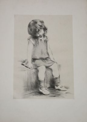 dessin au crayon représentant une petite fille assise sur un banc