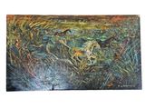 une peinture à l'huile représentant un cheval galopant dans un champ d'herbes hautes