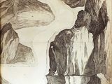 a drawing of a man sitting on a rock