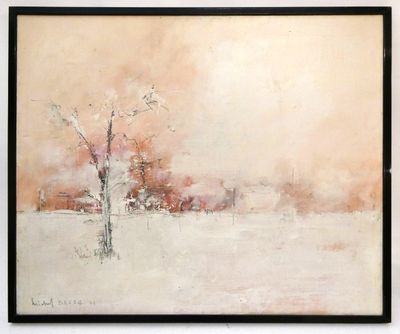 une image d'une peinture représentant un arbre dans un champ enneigé
