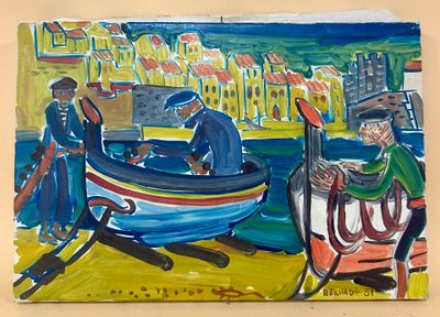 a painting on the wall of a building with people in a boat