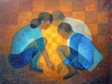 painting of three people kneeling in a circle with a light shining through them