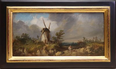 an oil painting of a windmill in a landscape with a man and a dog