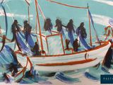 tableau représentant un groupe de personnes sur un bateau au milieu de l'eau