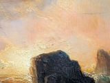 an oil painting of a sunset over the ocean with rocks in the foreground