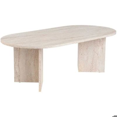 La table est en marbre et repose sur un piètement en bois.
