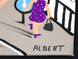a painting of a woman walking down the street with a guitar