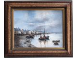an oil painting of a harbor scene with boats in the water