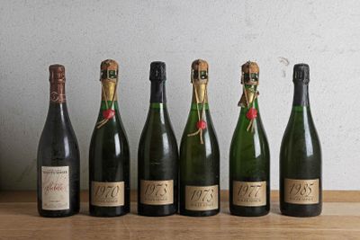 six bottles of champagne lined up in a row on top of a wooden table