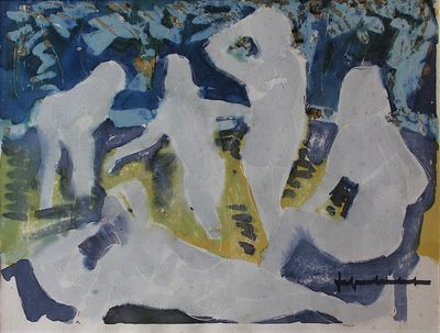 une peinture représentant un homme et une femme assis sur un banc