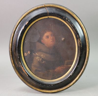 tableau représentant un homme avec un chien, dans un cadre rond