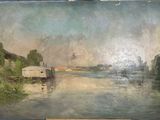 une peinture à l'huile représentant un bateau sur une rivière, avec un pont en arrière-plan
