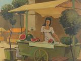 un tableau représentant une femme vendant des pastèques depuis une charrette