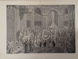 a drawing of a large group of people in a building