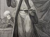 un vieux dessin en noir et blanc représentant un homme debout devant un lit