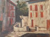une peinture à l'huile représentant une scène de rue avec des bâtiments et un arbre