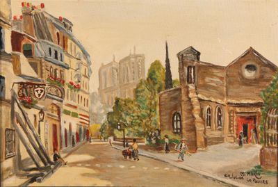 painting of a painting of a street scene with a church in the background