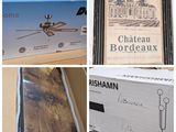 several pictures of a box of wine and a box of wine on a table