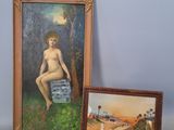 painting of a naked woman sitting on a chair next to a painting of a man