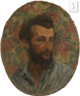 painting of a man with a beard in a blue shirt