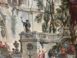 a painting on the wall of a building that has a fountain
