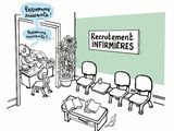 un dessin humoristique représentant une pièce avec des chaises et une pancarte