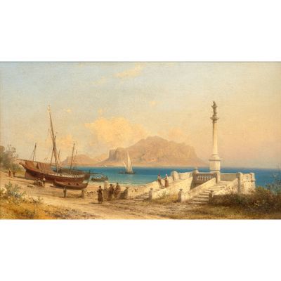 une image représentant un tableau montrant des bateaux sur une plage près d'un phare