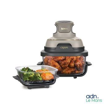 an image of a air fryer with a bowl of chicken and broccoli