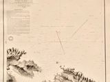 une vieille carte en noir et blanc représentant une vaste étendue d'eau avec des montagnes en arrière-plan