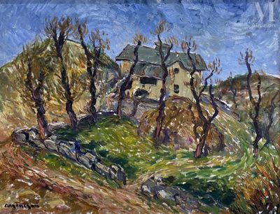 une peinture à l'huile représentant une maison sur une colline, avec des arbres au premier plan