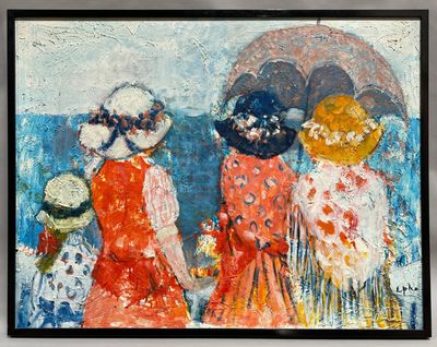 a painting of three women with umbrellas on the beach