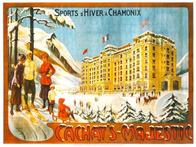 painting of a hotel with skiers and snowboarders in front of a snowy mountain