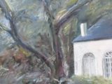 a painting of a white house by the water