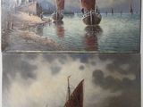 two paintings of boats in the water with a mountain in the background