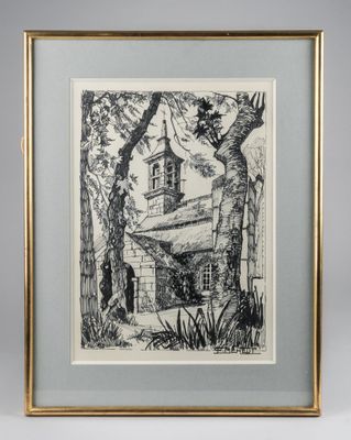 a black and white drawing of a church in the woods