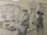 drawing of a group of men sitting on a bench in front of a window
