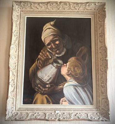 un tableau représentant un homme et une femme buvant dans des tasses