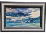 une peinture représentant un ciel bleu avec des nuages et une montagne en arrière-plan