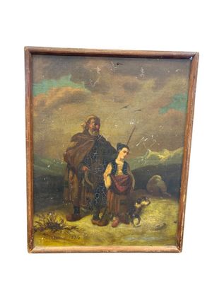 an old painting of a man and a woman with a dog