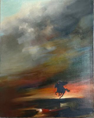 a painting of a man riding a horse on a cloudy day