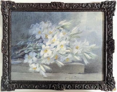 une photo d'un tableau représentant des fleurs, dans un cadre