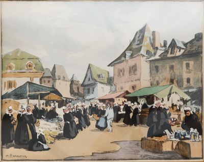 tableau représentant une scène de rue avec des passants et des marchands au milieu de la rue