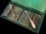 silverware in a green case with spoons, forks and spoons